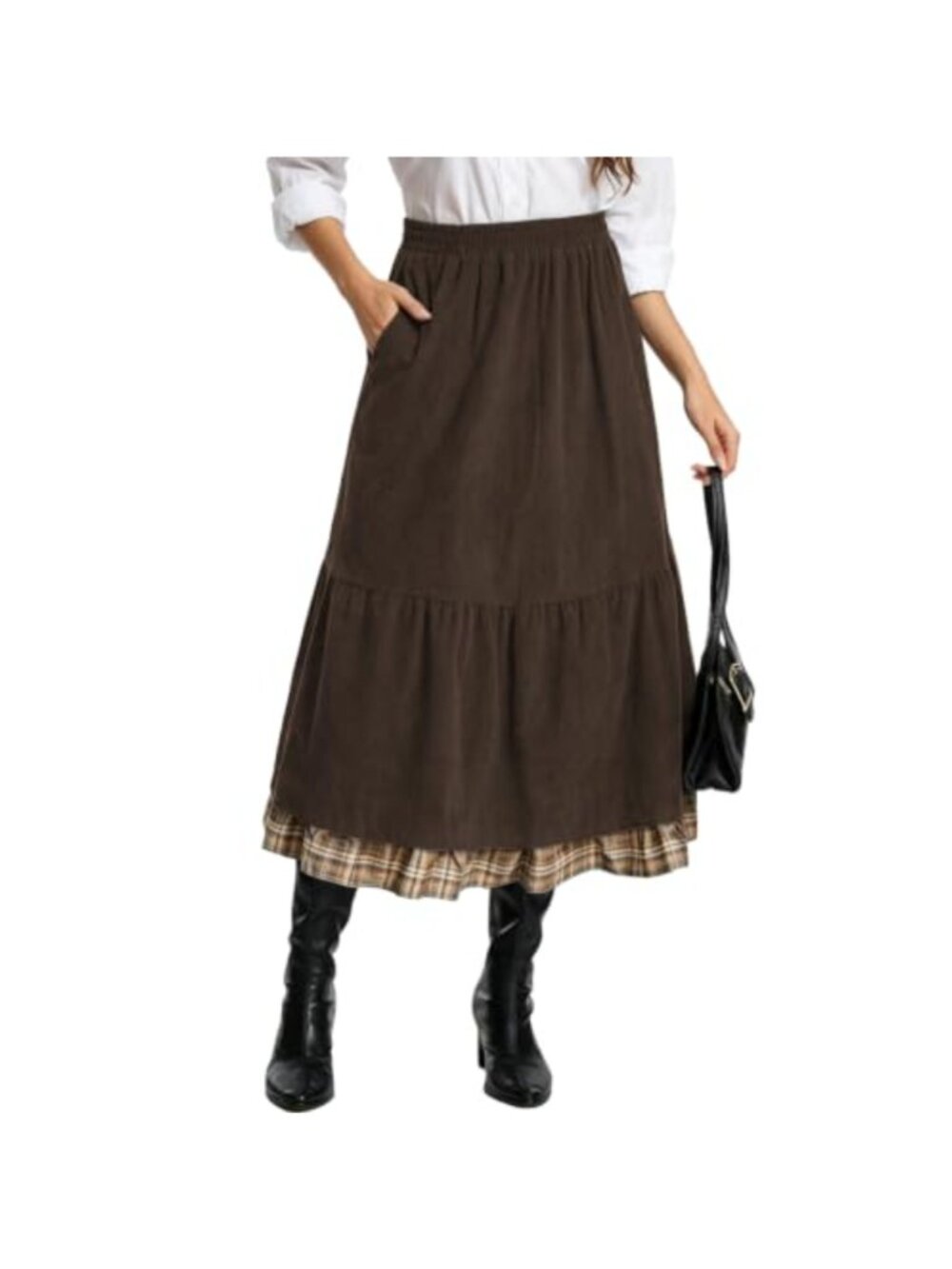 Midi Corduroy Skirt Plaid Flared A-Line with Pockets